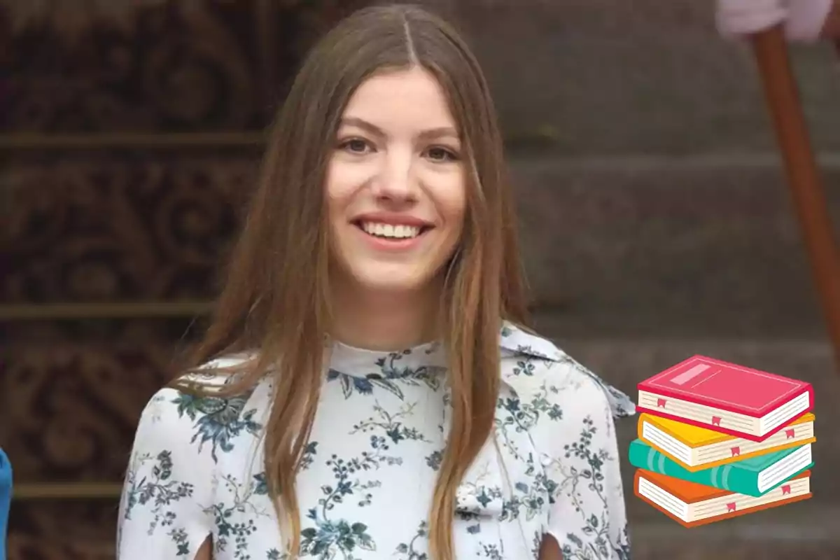 A smiling young woman with long straight hair, wearing a floral blouse, with a stacked books icon in the bottom right corner.