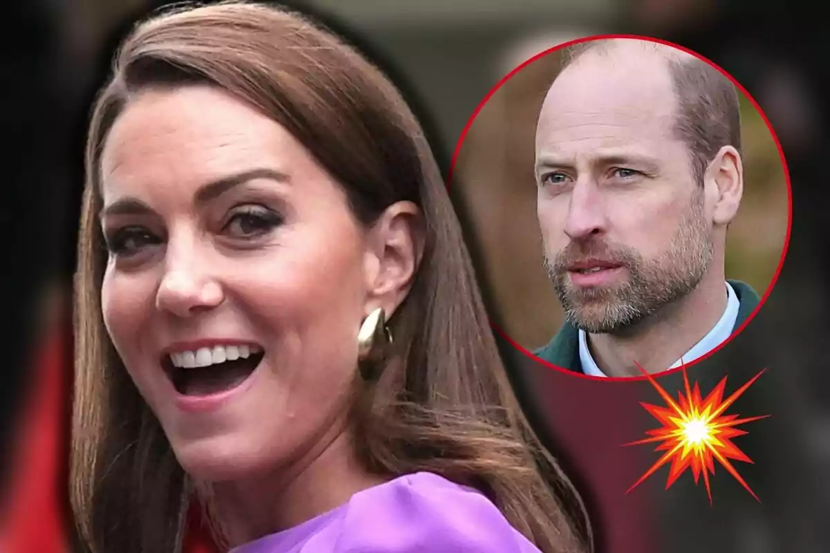 Kate Middleton sonriente con cabello castaño y aretes dorados, con el príncipe Guillermo en un círculo rojo en la esquina superior derecha. Kate Middleton sonriente con cabello castaño y aretes dorados, con el príncipe Guillermo en un círculo rojo en la esquina superior derecha.