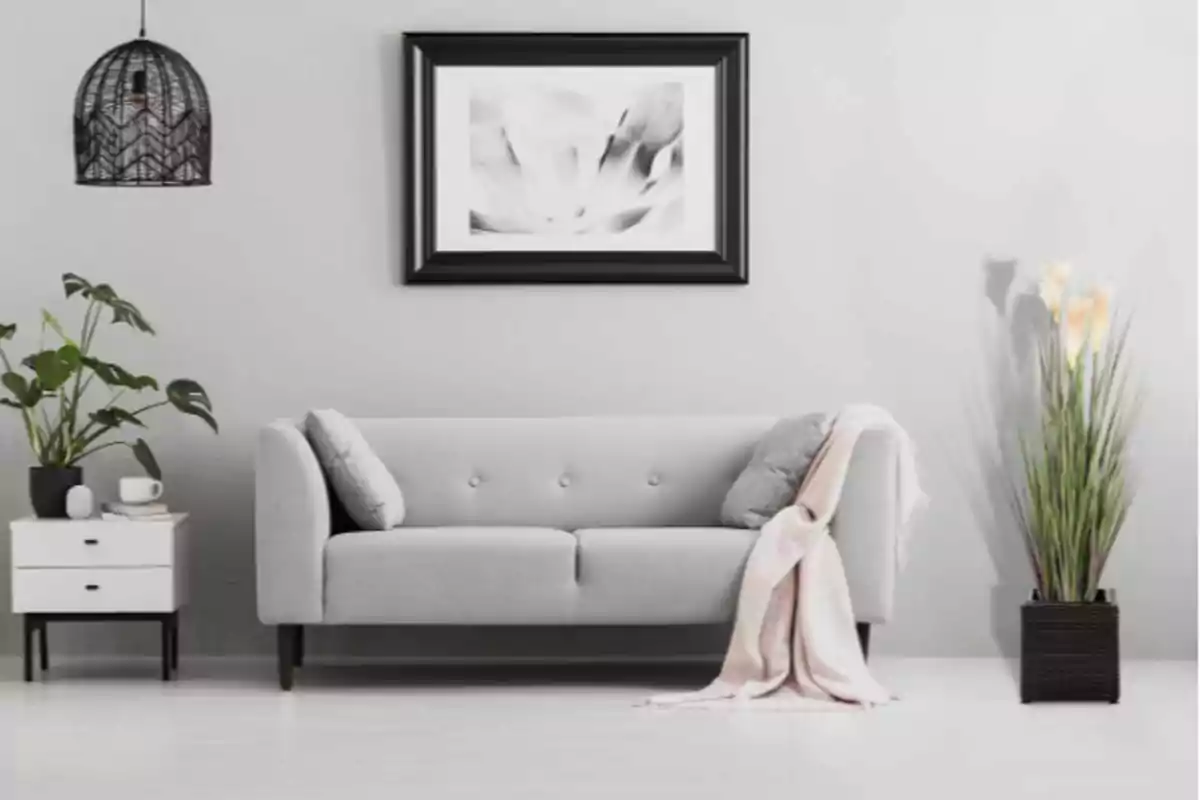 Sala de estar moderna con sofá gris, lámpara colgante, cuadro en la pared, mesa auxiliar con planta y taza, y planta alta en maceta. Sala de estar moderna con sofá gris, lámpara colgante, cuadro en la pared, mesa auxiliar con planta y taza, y planta alta en maceta.