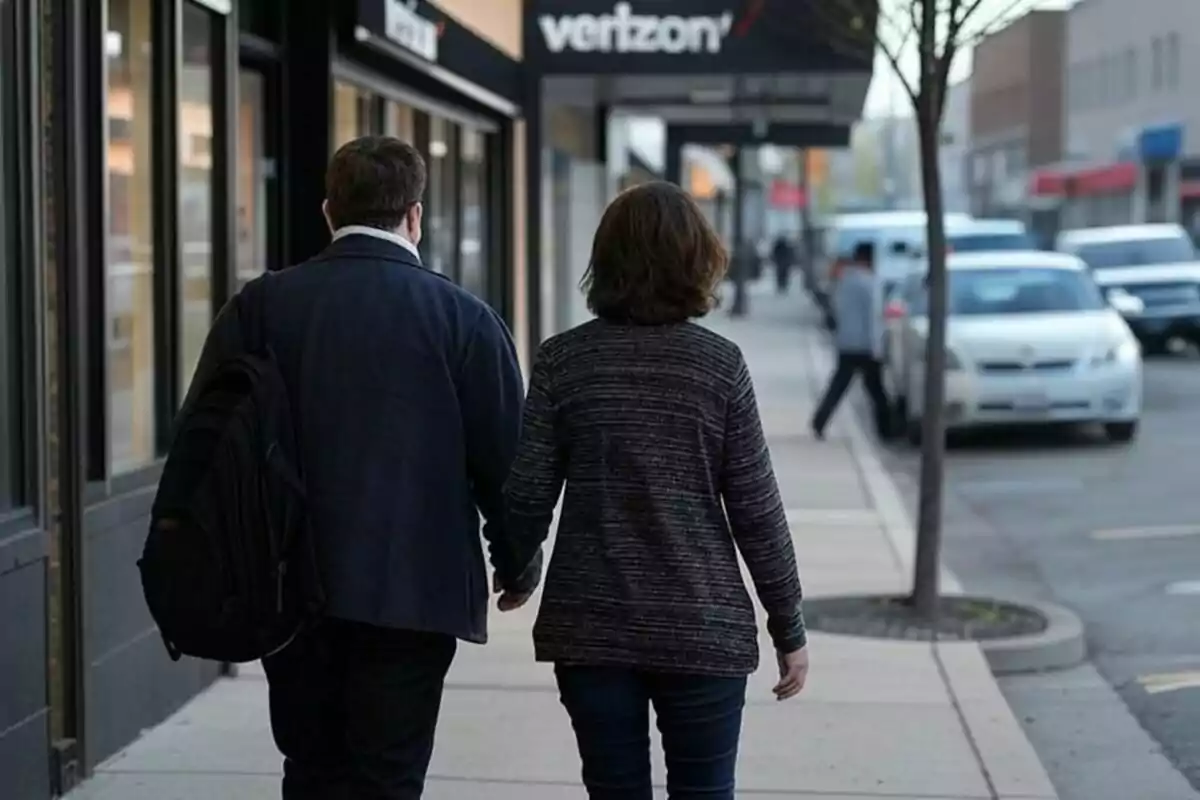 Una pareja camina de la mano por una acera en una calle urbana con tiendas y coches estacionados. Una pareja camina de la mano por una acera en una calle urbana con tiendas y coches estacionados.